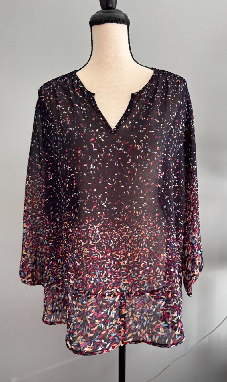 Fun2Fun Sheer 3/4 Sleeve Confetti Print Split Neck Blouse Stitch Fix Size 1X